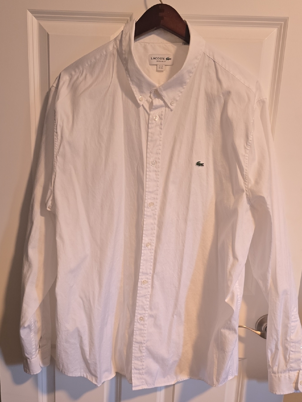 Lacoste Men's White Button-Down Shirt with Green Croc Logo